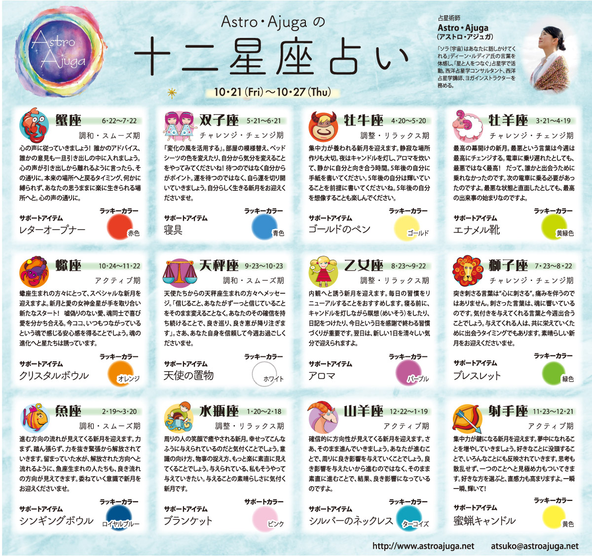 週刊ベイスポ「１２星座占い」の連載（10月21日〜10月27日）