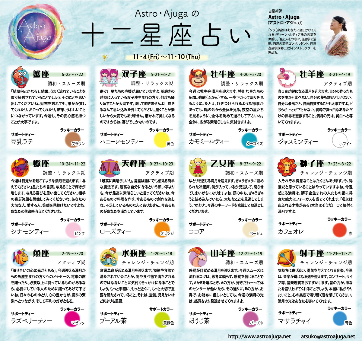 週刊ベイスポ「１２星座占い」の連載（11月4日〜11月10日）