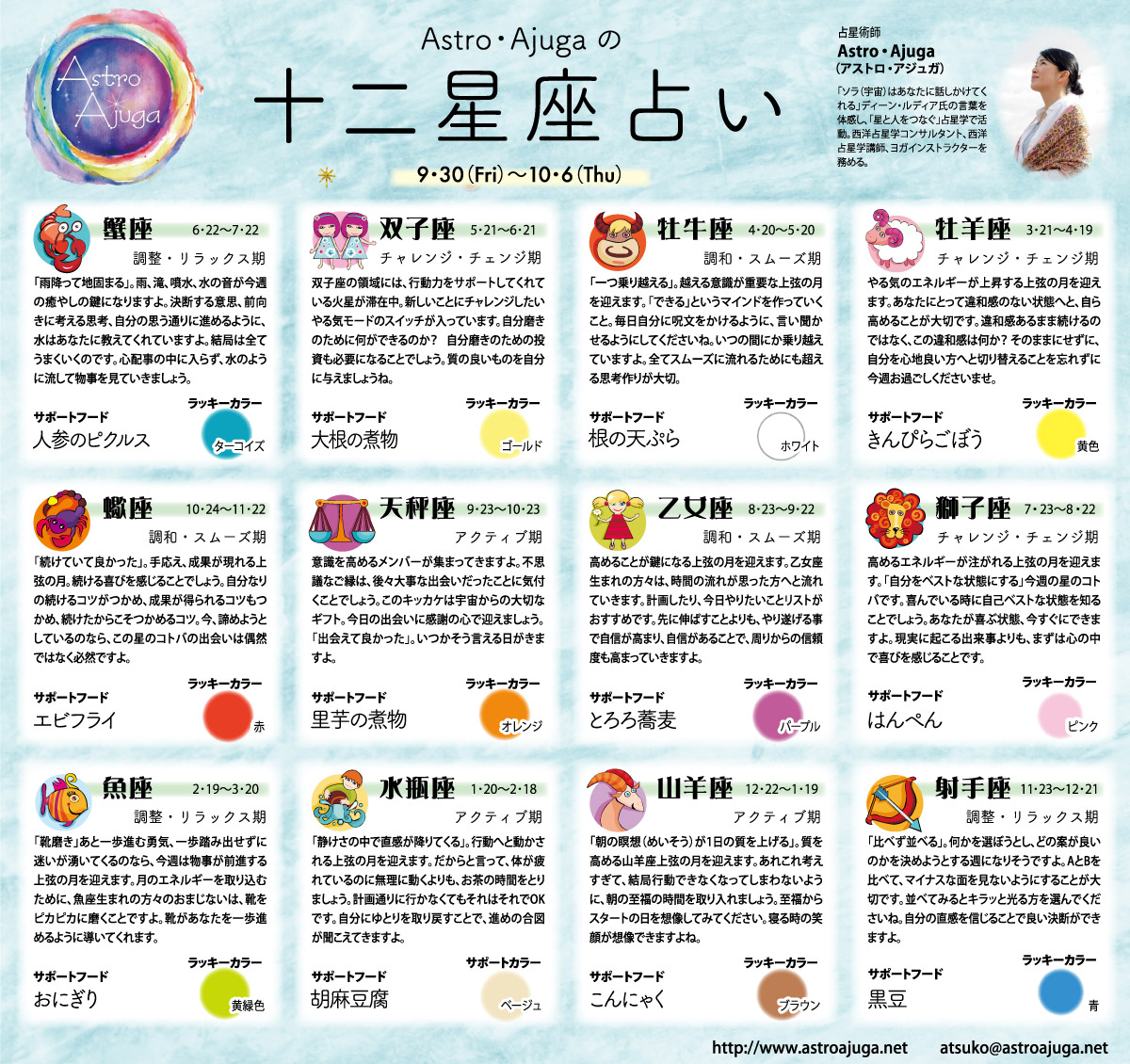 週刊ベイスポ「１２星座占い」の連載（9月30日〜10月6日）