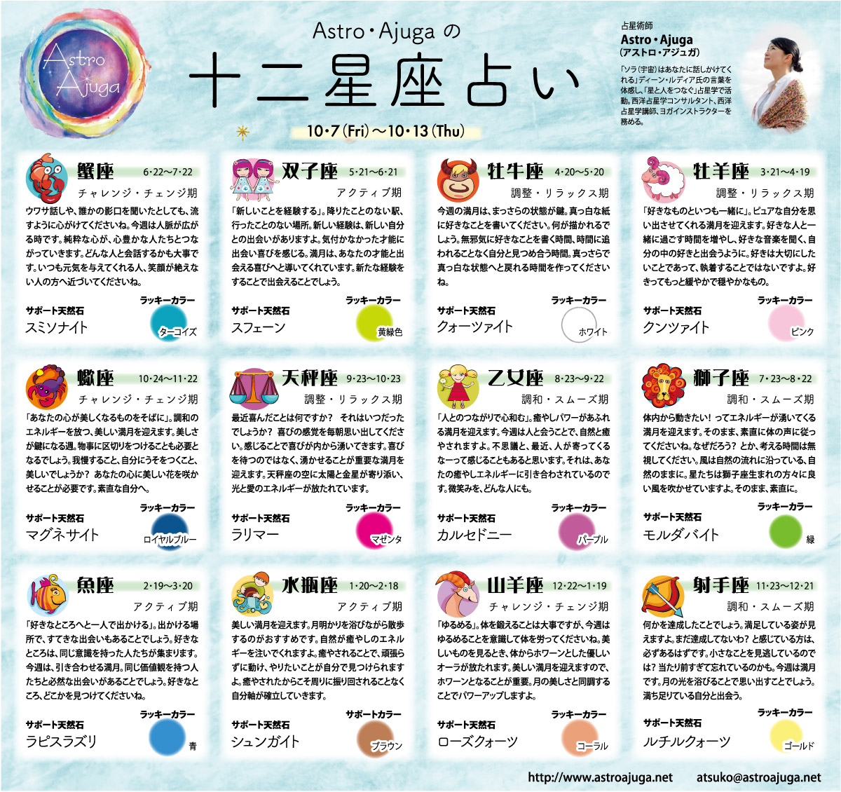 週刊ベイスポ「１２星座占い」の連載（10月7日〜10月13日）