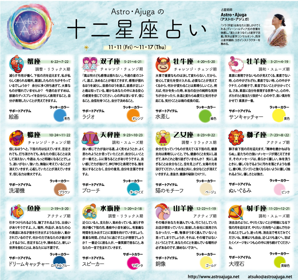 週刊ベイスポ「１２星座占い」の連載（11月11日〜11月17日）