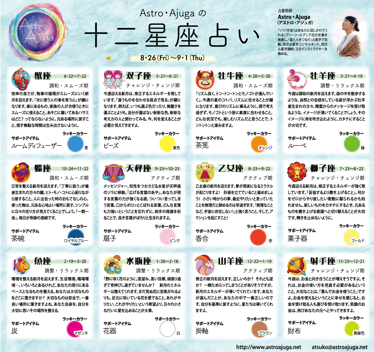 週刊ベイスポ「１２星座占い」の連載（8/26〜9/1）