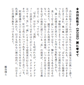 ★合田佐和子《ROSE》展に寄せて（巖谷國士、2012年9月）