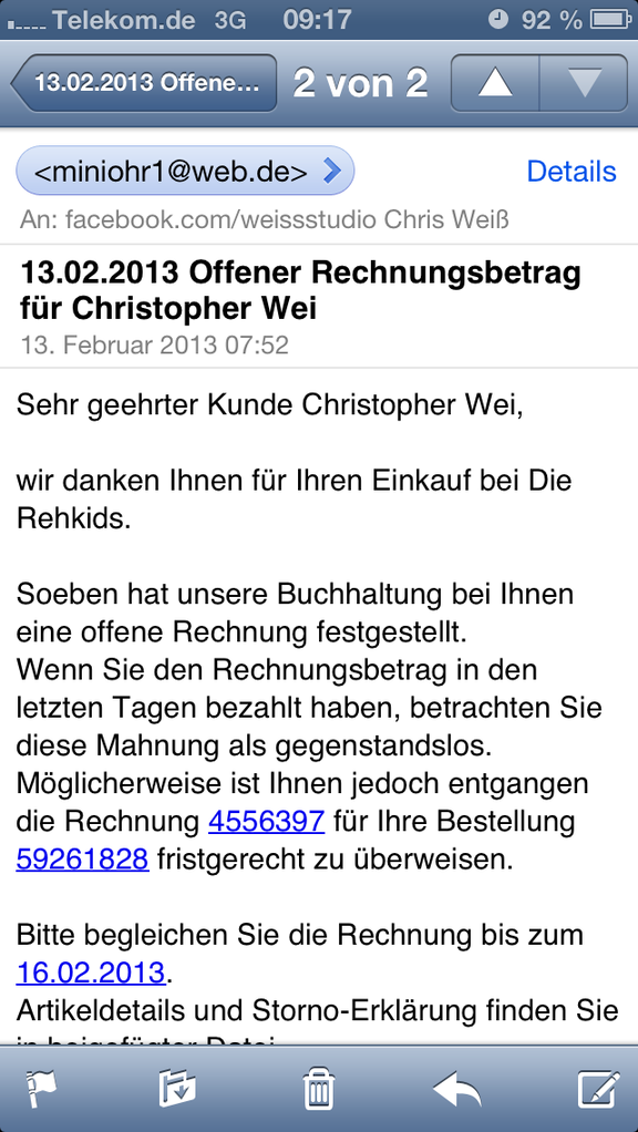 Fake Email Von Miniohr1 Web De Rehkids Mahnkosten Weissstudio