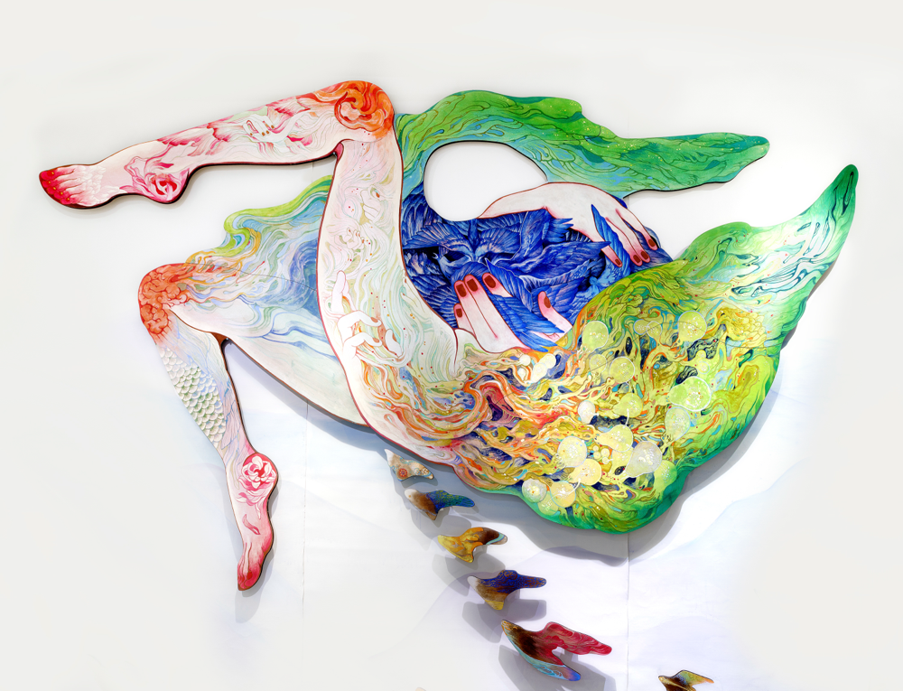 "青き囀りと共に” 1.6m x 2m  "青き囀りと共に”  mineral pigments on wood 