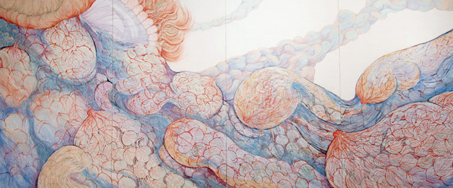 [ありがとうとごめんなさいは似ている]　　　　１６２ｃｍ×４００ｃｍ　　　麻紙に岩絵具　　　　　　　　　　　　　　　　　　　　　　　　　　　　　　　　　　　　　　　　　　　　　　　　　　　　　　　　　　　　　　　　　　　　　　　　　　　　　　　　　　　　　　　　　　　　　　　　[Ｓｏｒｒｙ　and　Thank　you　are　a　lot　alike]　　　　Pure pigment on Japanese Paper　　　　　　