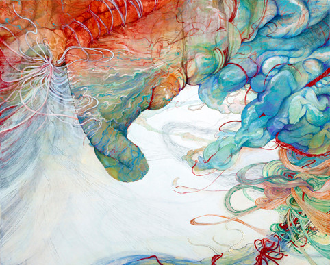 [静寂と腕]　　　１３０.３ｃｍ×１６２ｃｍ　　　麻紙に岩絵具　　　　　　　　　　　　　　　　　　　　　　　　　　　　　　　　　　　　　　　　　　　　　　　　　　　[Arm and silence]　　　　　Pure pigment on Japanese Paper　　　　　　　　　　　