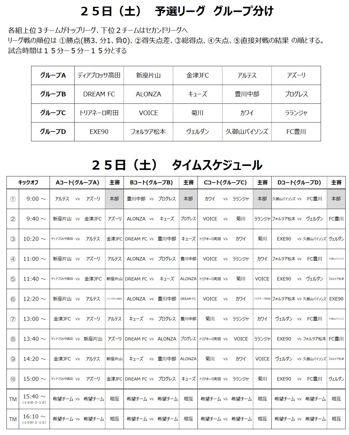 １日目組合せ及びタイムスケジュール