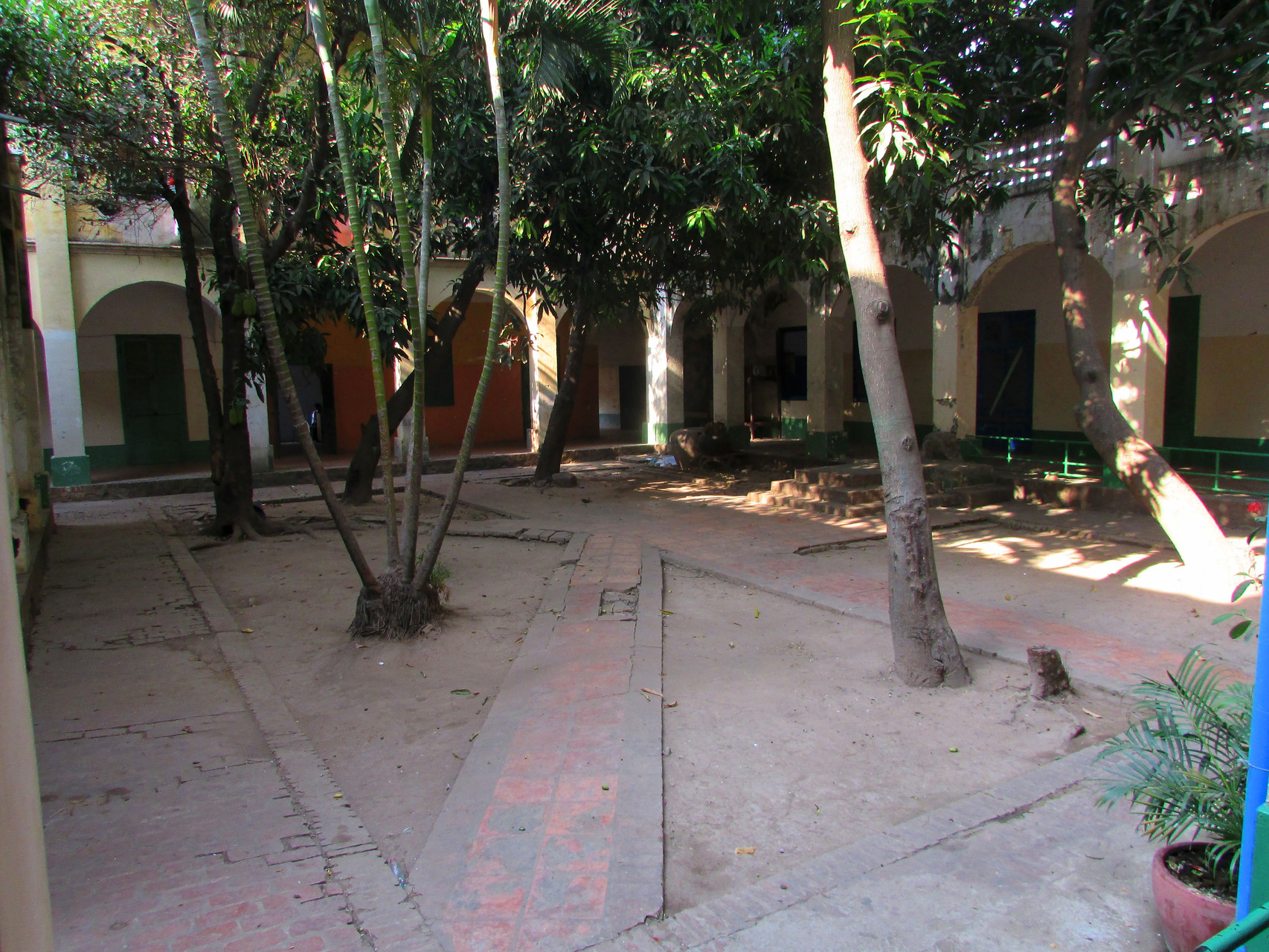 Au milieu du bâtiment, nous avons une cour intérieure. Il y a des arbres, comme un manguier.