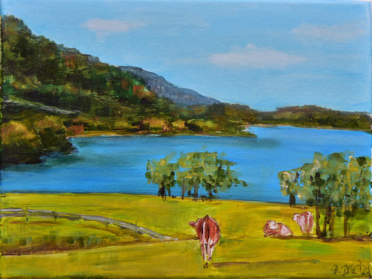 Tegernsee mit Kühen, Acryl auf Leinwand, 30 x 40 cm, 2021