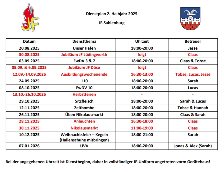 Dienstplan 2te Jahreshälfte 