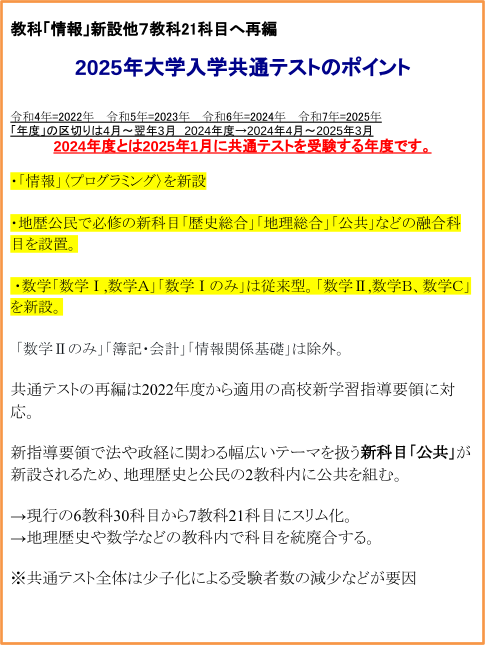 2023年度以降全国大学入試情報/2025年共通テスト教科-情報-新設他再編　◇大学受験の予備校・塾なら東研!