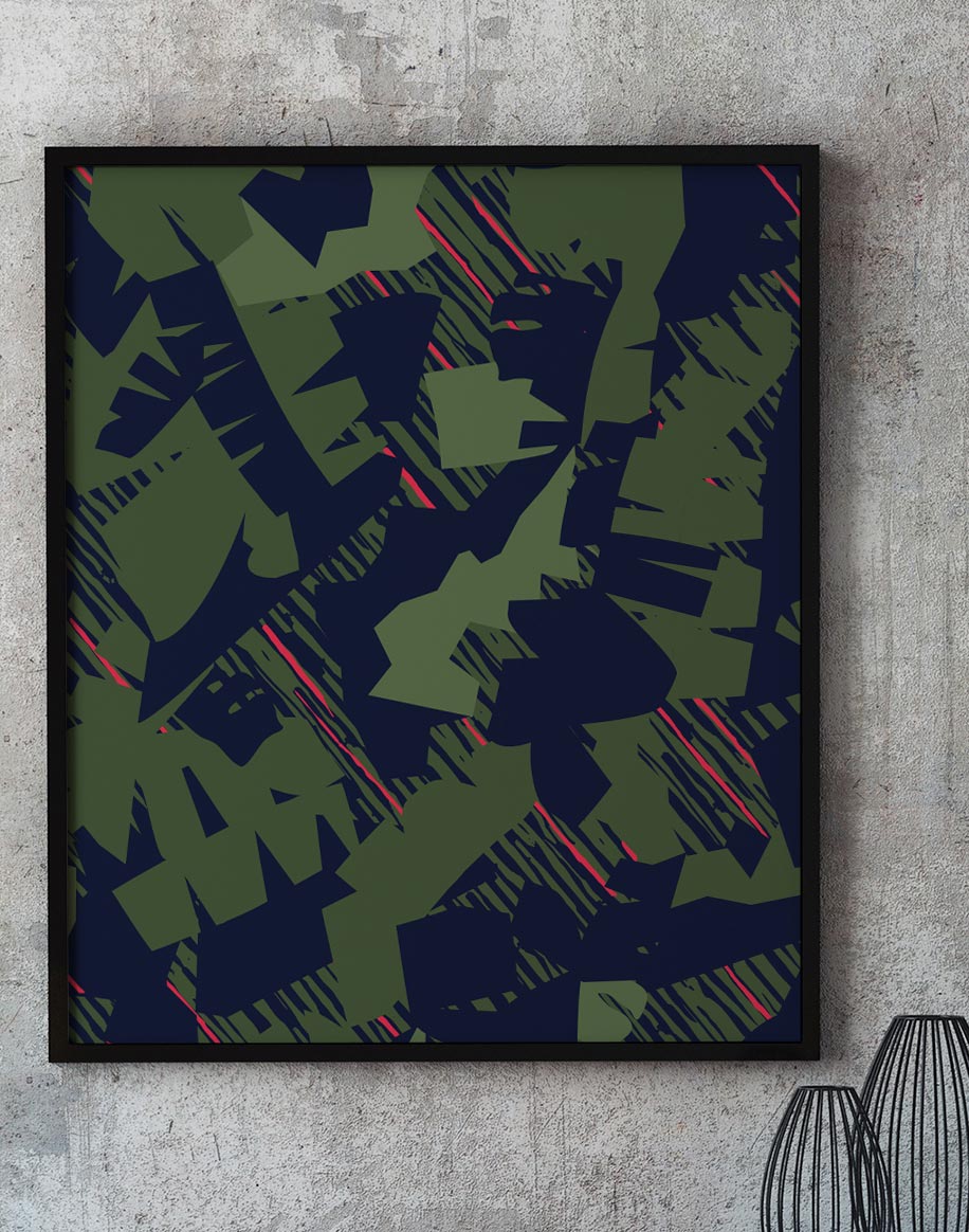 green and navy stylised leafs poster hanging on wall
