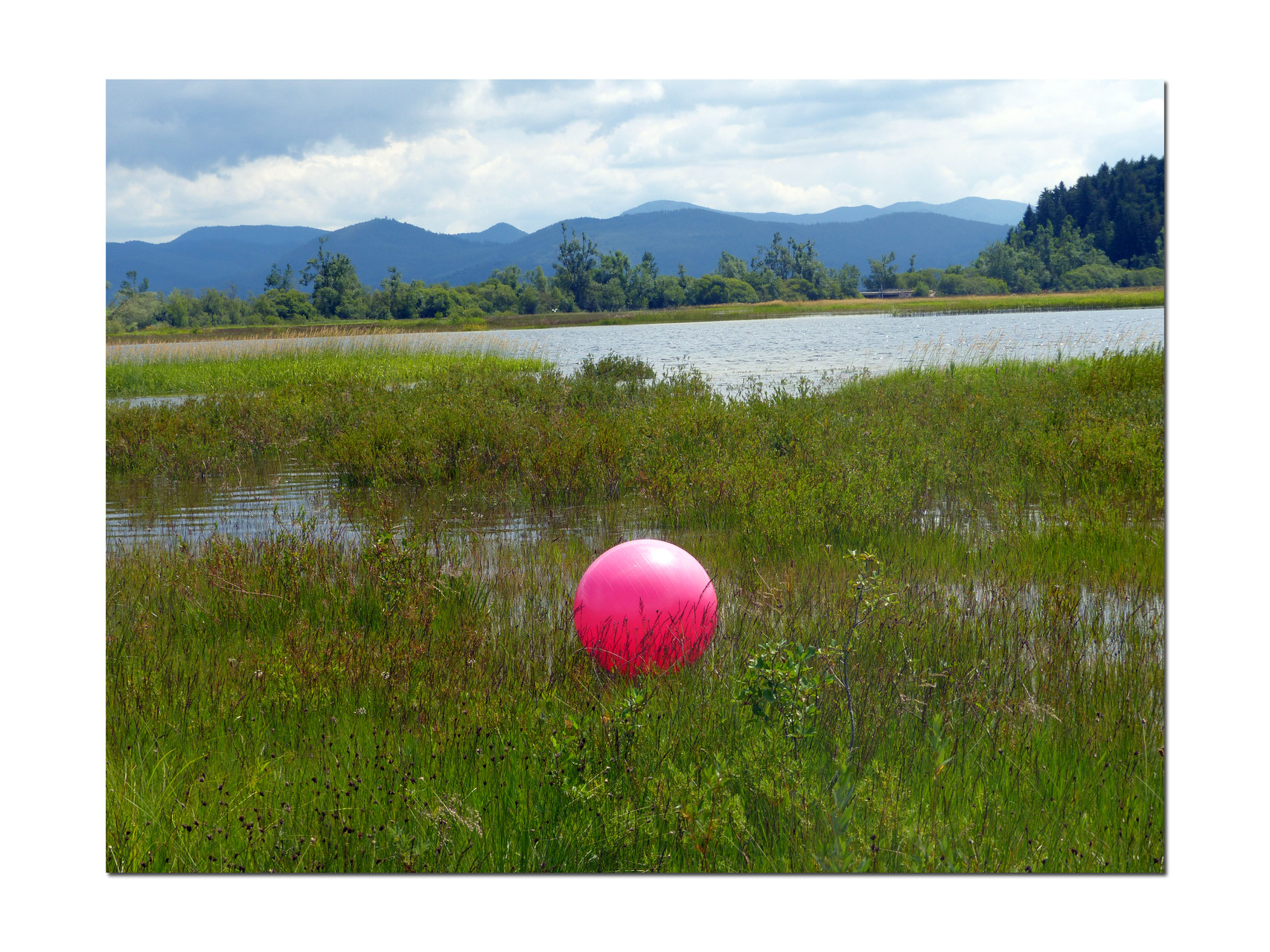 der rote Wasserball am Zirknitzer See, weit entfernt badeten Kinder und durch den Wind wehte es den Ball zu uns :-)