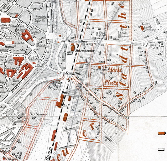 Ausschnitt Stadtplan 1865 - In späteren Jahren wurde der künftigen Gleisverlauf mit Bleistift eingezeichnet. - 6222.284.15