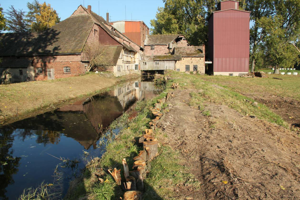 Hier war der Deich gebrochen. Mit eingerammten Bäumen und Bodenaushub wurden erste Reparaturen vorgenommen Erst nach einem Teileinstau konnte die Standfestigkeit des Mühlengrabens beurteilt werden. 