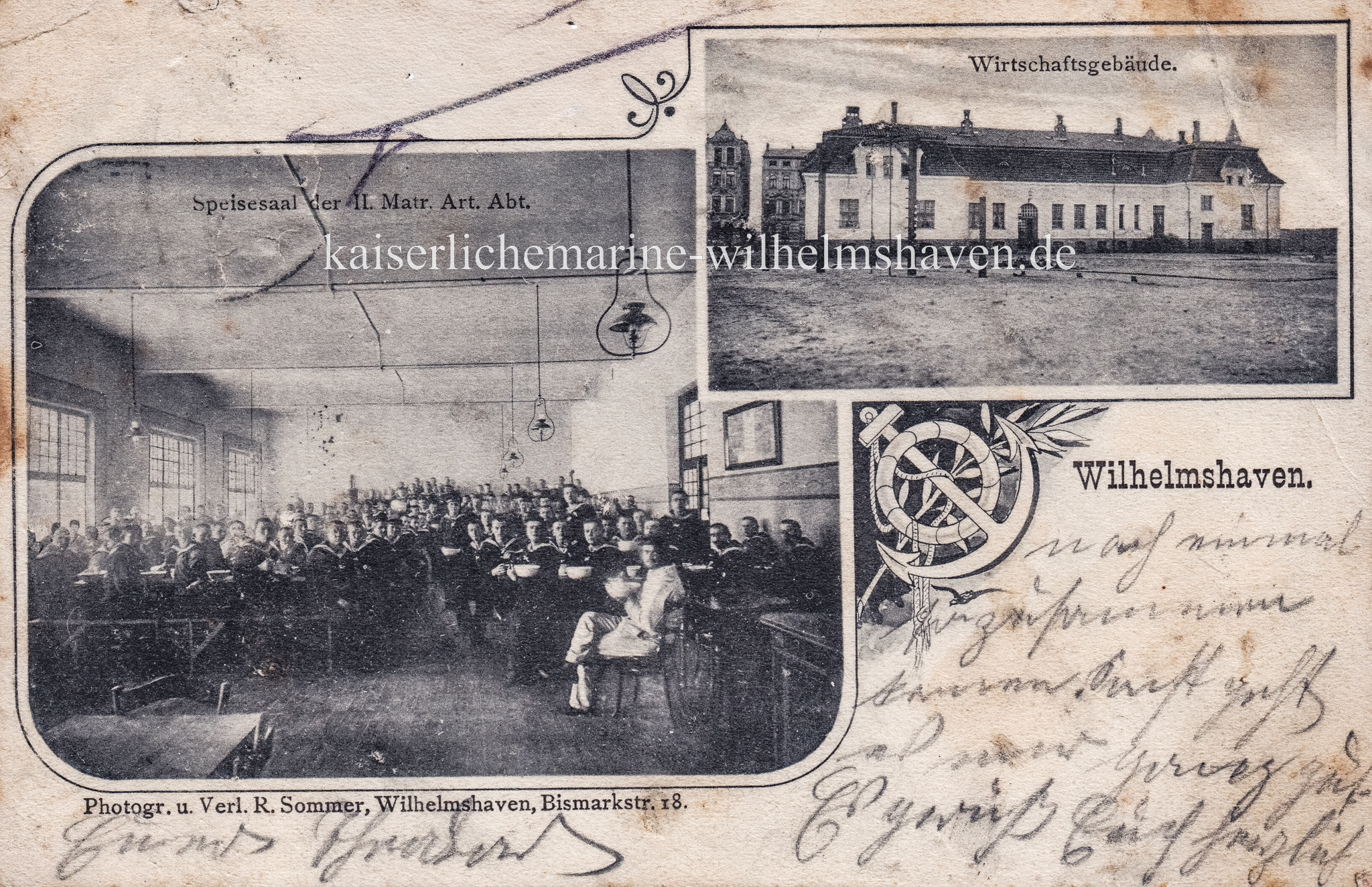 Das Wirtschaftsgebäude an der nordwestlichen Ecke des Kasernengeländes; im Hintergrund Wohngebäude an der Gökerstraße - Ansichtskarte Verlag unbekannt - postalisch gelaufen 1907
