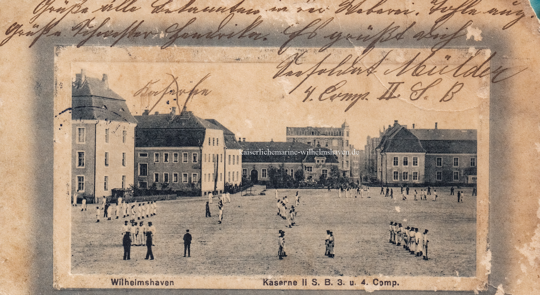 Blick vom Norden auf Block "Tsingtau", Wirtschaftsgebäude II und Block "Flandern", im Hintergrund Wohnhaus an der Ecke Schelling-/Friederikenstraße - Ansichtskarte Verlag Horst & Co., Berlin - 1912 postalisch gelaufen
