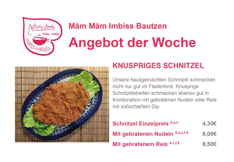 Unser hausgemachtes Schnitzel schmeckt mit allen Beilagen super. Wer die Kombi mit gebratenen Nudeln oder Reis noch nicht kennt, kann diese vom 22.06. bis 26.06. beliebig oft testen. 😃 Wir freuen uns auf eure Bestellungen!🤗