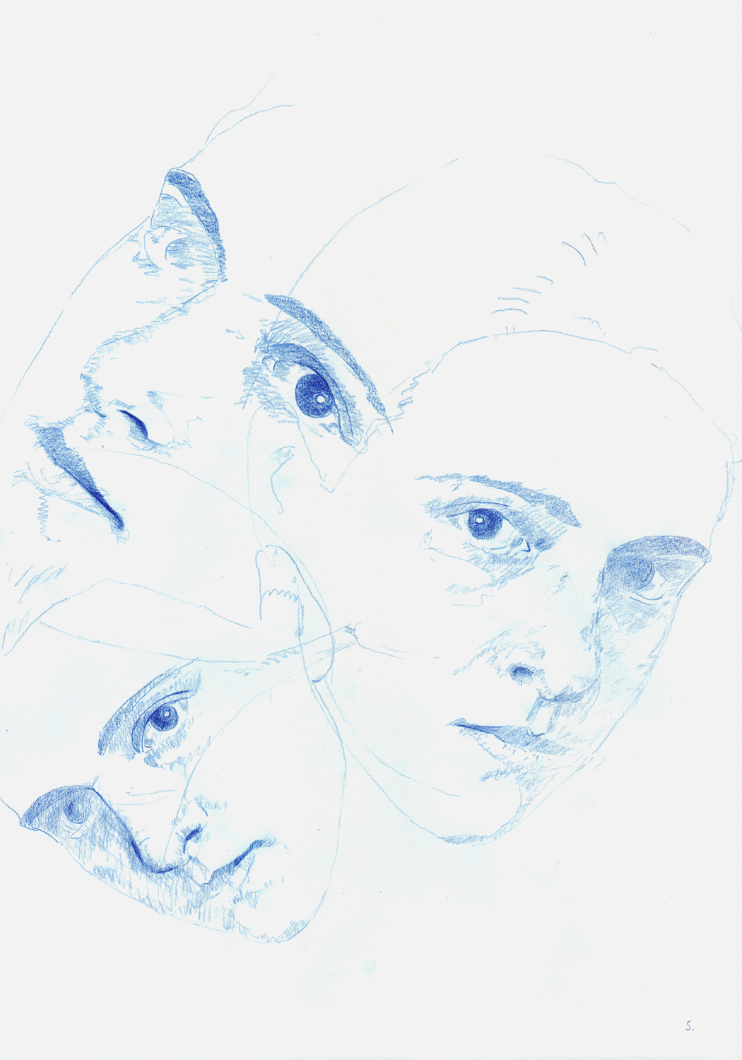 "Alice Dorell, »Drie Dames« 07", 2017, Zeichnung auf Büttenpapier, 42 x 29,5cm, blauer Farbstift; ©: Konstanze Sailer