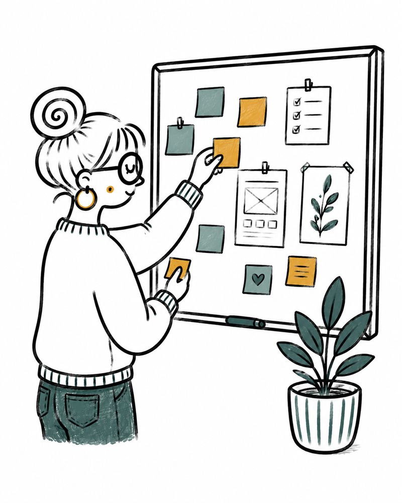 Illustrierte Frau plant eine Marketing-Strategie an einem Pinboard mit bunten Zetteln – Marketing-Beratung in Alsfeld