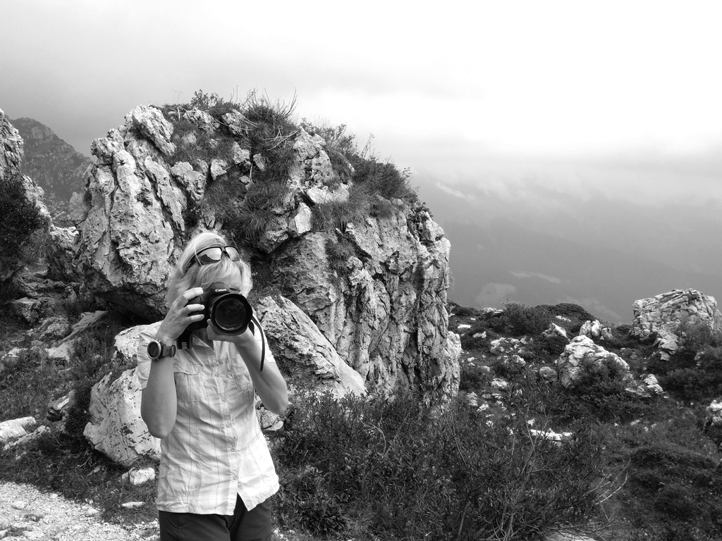 Black and white photograph of the photographer at the foot of ‘Zuccone Campelli’