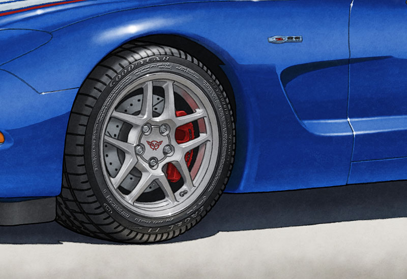 Les pneus sont hautement détaillés de par le motif de la semelle et le lettrage ajouté sur les flancs de ceux-ci