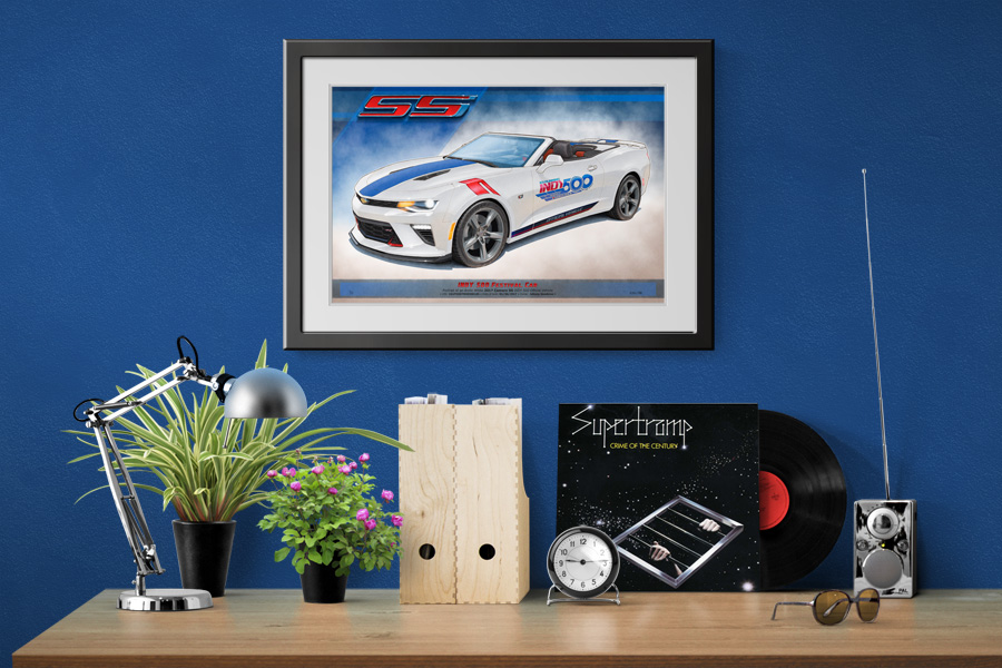 Here is the 2017 Camaro SS INDY 500 Official Vehicle drawn portrait in a home office decorative context 