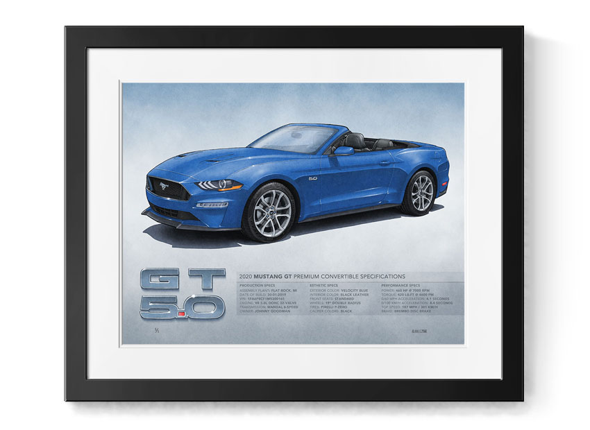 2019 2020 2021 2022 2023 Mustang GT Premium convertible printed drawing by Alain Lemire from Lemireart