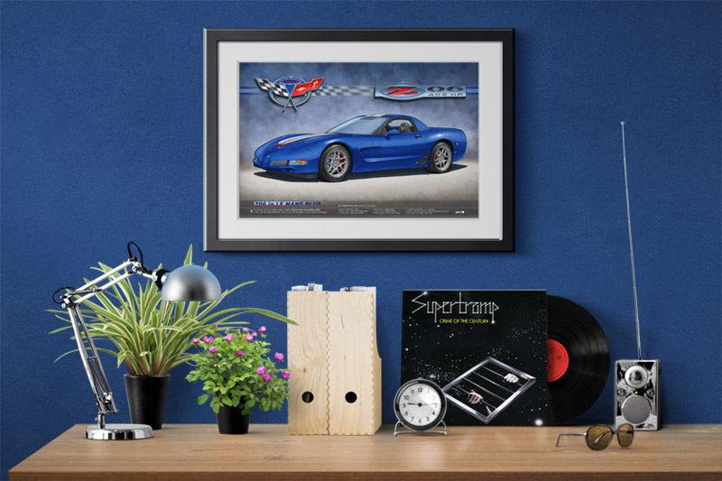 Here is the Corvette Z06 drawn portrait in a decorative context of an home office