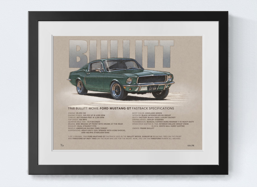 1968 Mustang Bullitt printed drawing