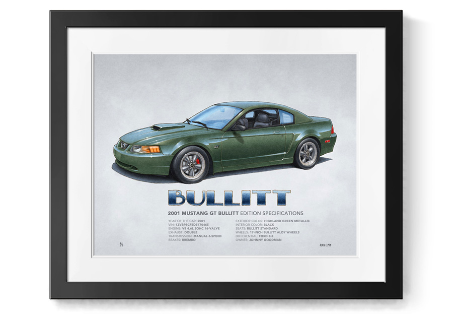 Dessin poster affiche Mustang Bullitt 2001 Lemireart Alain Lemire
