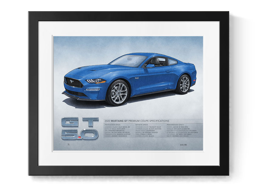 2019 2020 2021 2022 2023 Mustang GT Premium printed drawing by Alain Lemire from Lemireart