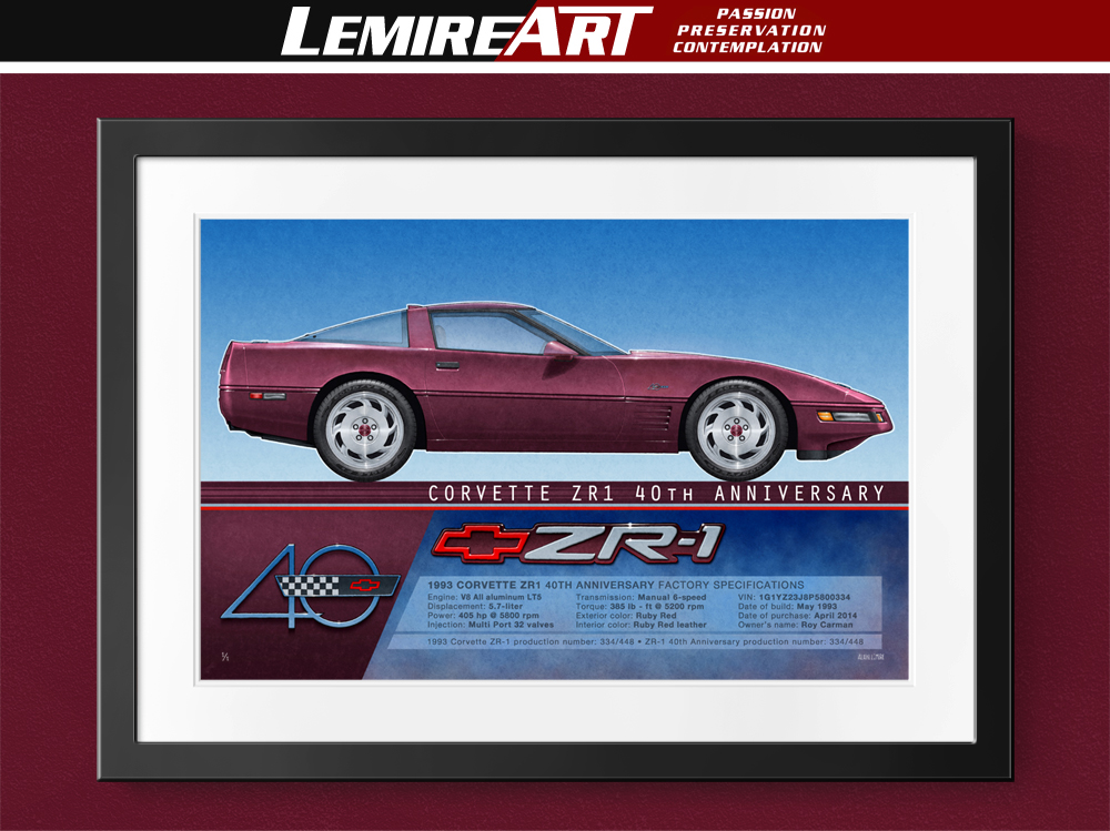 1993 Corvette ZR-1 40th Anniversary, The isometric profile view drawing of the Corvette 40th Anniversary was done 100% by automotive artist, Alain Lemire