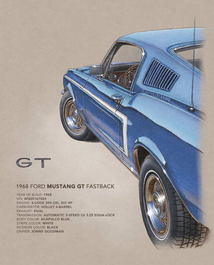 1968 Mustang Gt Fastback Automotive Art By Lemireart