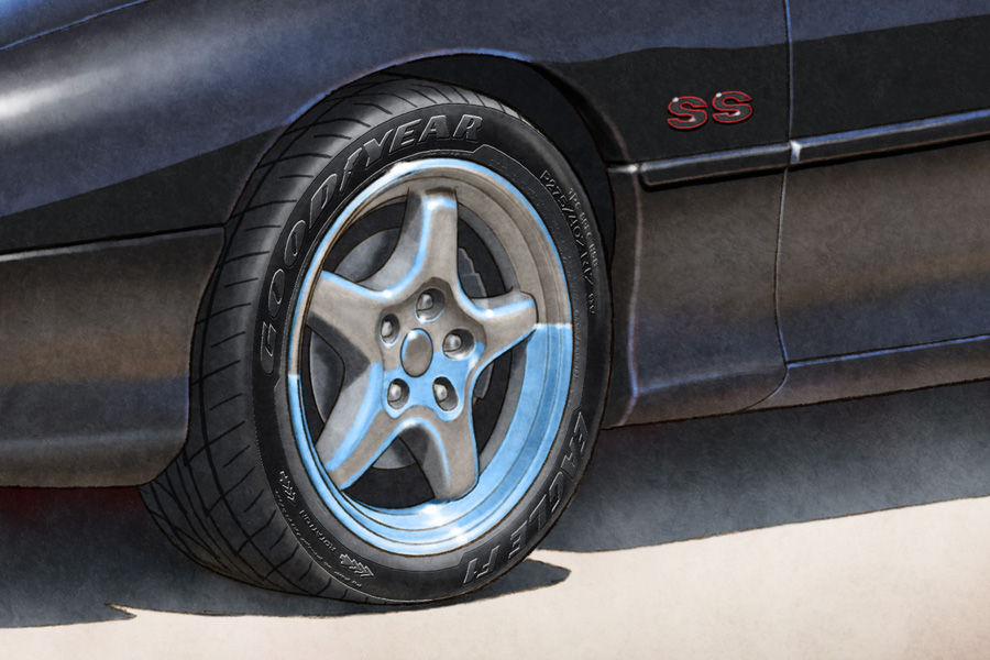 Une autre option du portrait dessiné est d'avoir le lettrage Good Year Eagle F1 et motif de semelle sur les pneus.