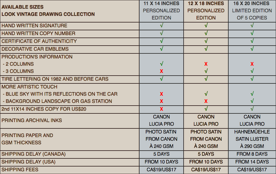 Comparison table of the options for the 3 specifications of the printed drawings from the "Vintage Look Drawing" collection created by Lemireart
