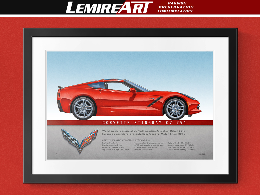 Dessin en vue de profil Corvette Stingray Z51 C7 coupe 2014 2015 2016 2017 2018 2019 - 2 spécifications d'impression disponible