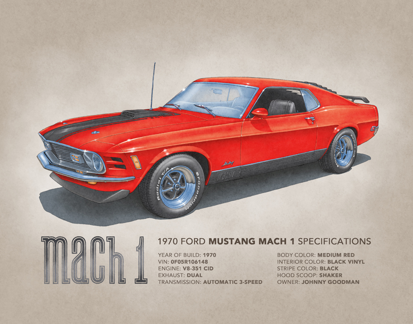 1970 Mustang Mach 1 printed drawing - 3 sizes available
