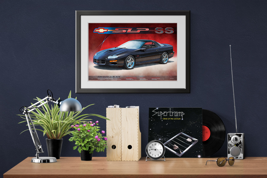 Here is the SLP Camaro SS black and red drawn portrait in a decorative context of a home office