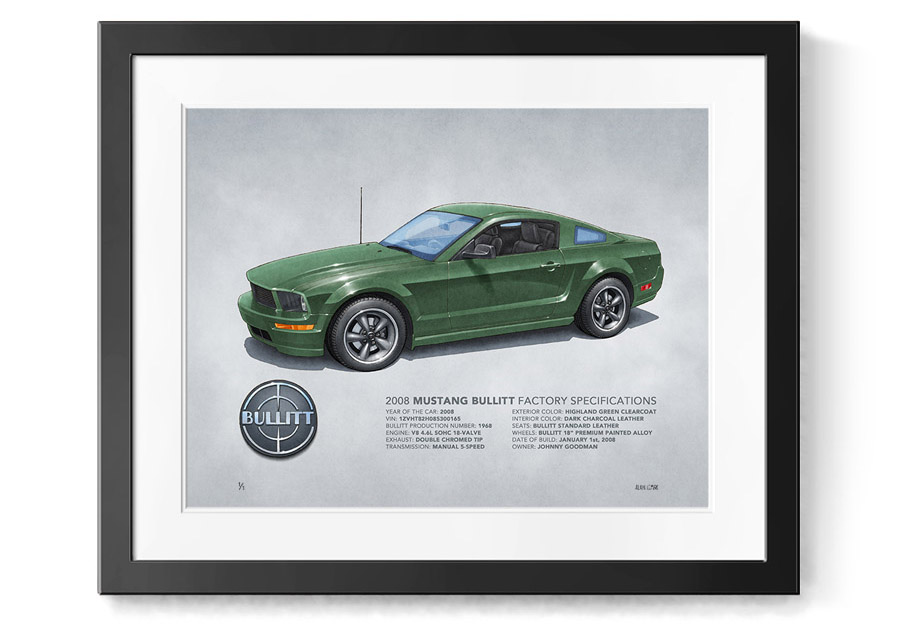 2008 Mustang Bullitt printed drawing, Available in 3 sizes, Alain Lemire, Lemireart