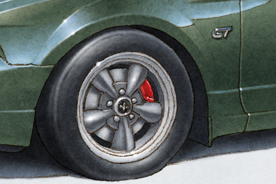 The Bullitt wheels and red calipers are one of the trademarks of the 2001 Mustang Bullitt.