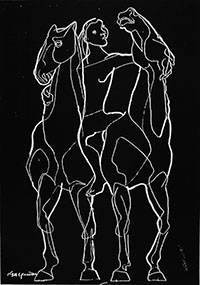 安田謙　双馬・女　制作年不詳　スクラッチ画