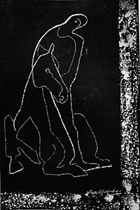 安田謙　馬と人　1975年　スクラッチ画