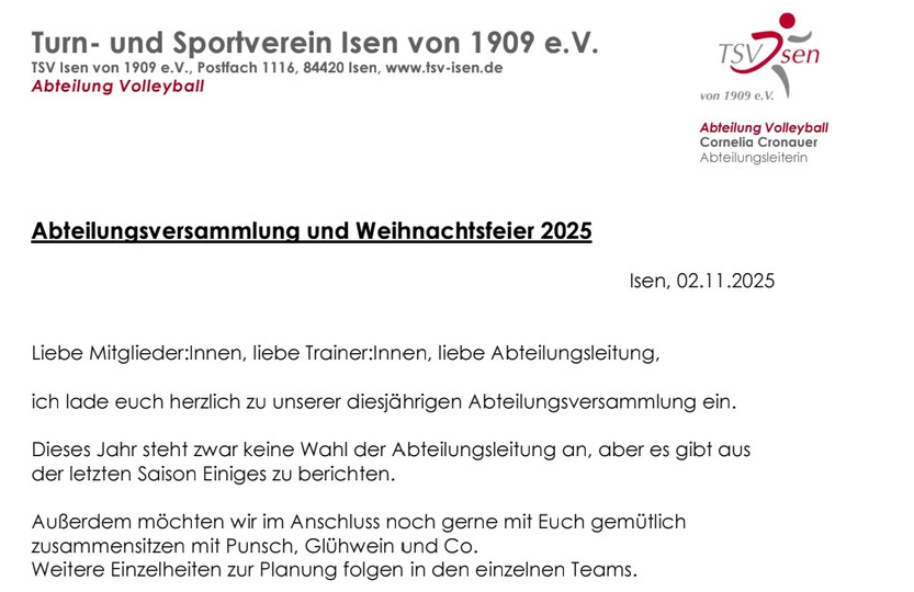 Abteilungsversammlung und Weihnachtsfeier Abteilung Volleyball