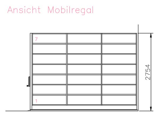 Ansicht Innen: 7 Stück Regalboden übereinander. 21 Stück Regalboden pro Gang- Seite. Aussen: manuell mit Handkurbel zum verschieben - lagerconsulting.at