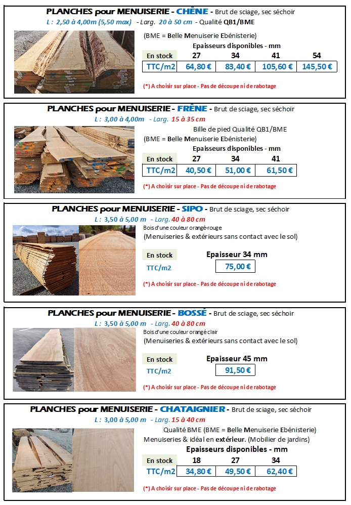 tarif planches pour menuiseries scierie retif