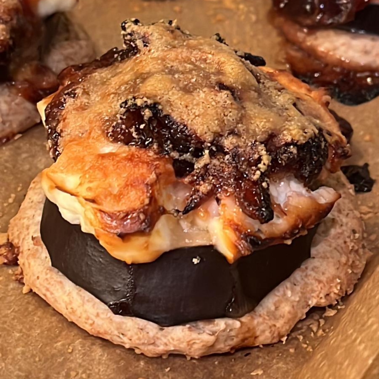 Aubergine and cheese tartlets with caramelised onions