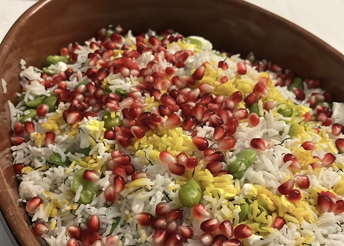 Persian rice with broad beans and pomegranate