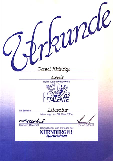 Urkunde für Daniel Aldridge aus dem Jahre 1984 - Erster Preis im Talentwettbewerb der Zeitung "Nürnberger Nachrichten" in der Sparte Literatur